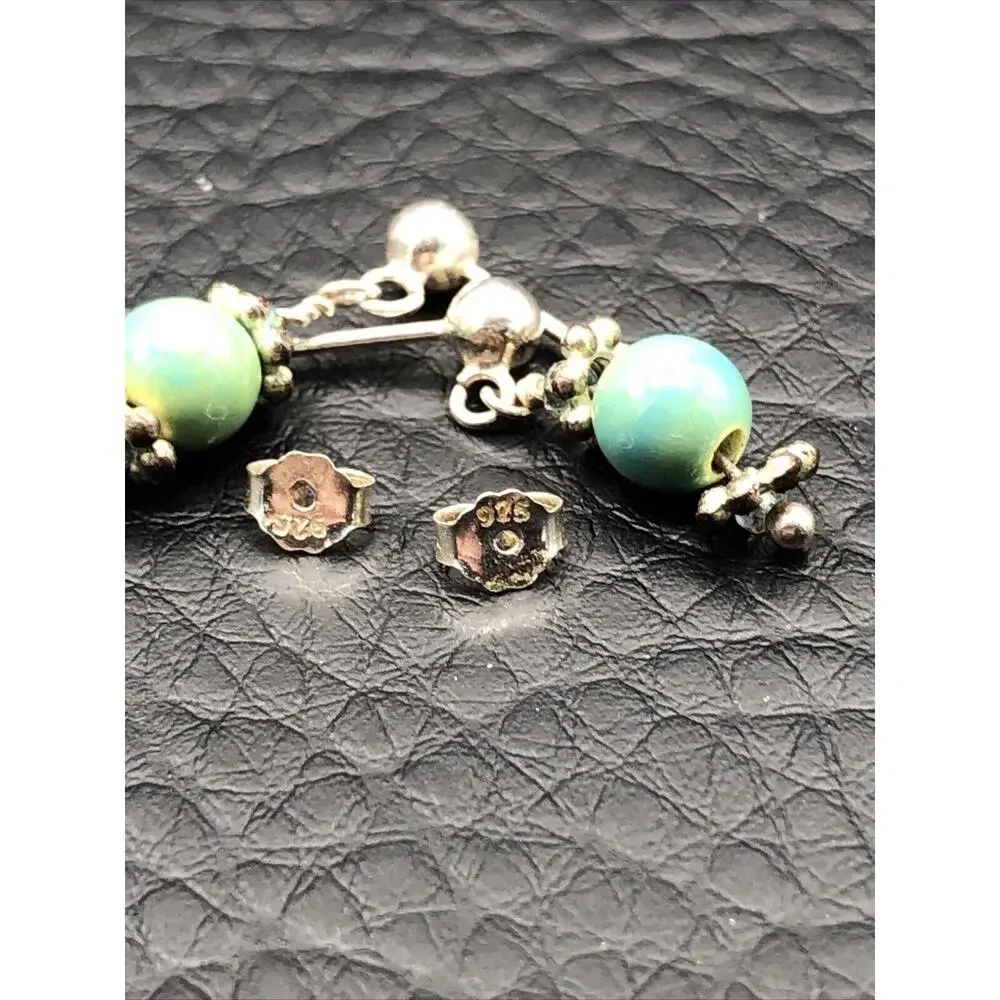 Handmade 925 Sterling Silver‎ Earrings Aqua Blue Ceramic Bead Drop Dangles